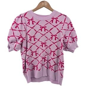 &merci Boutique Bow Print Short Sleeve Knit Top Large Pink Pastel Preppy